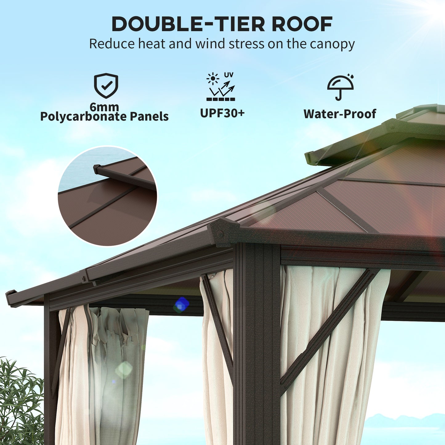 Outsunny 3 By 4m Hardtop Gazebo With UPF30 Polycarbonate Roof Aluminium Frame Mosquito Netting Curtains Beige Patio