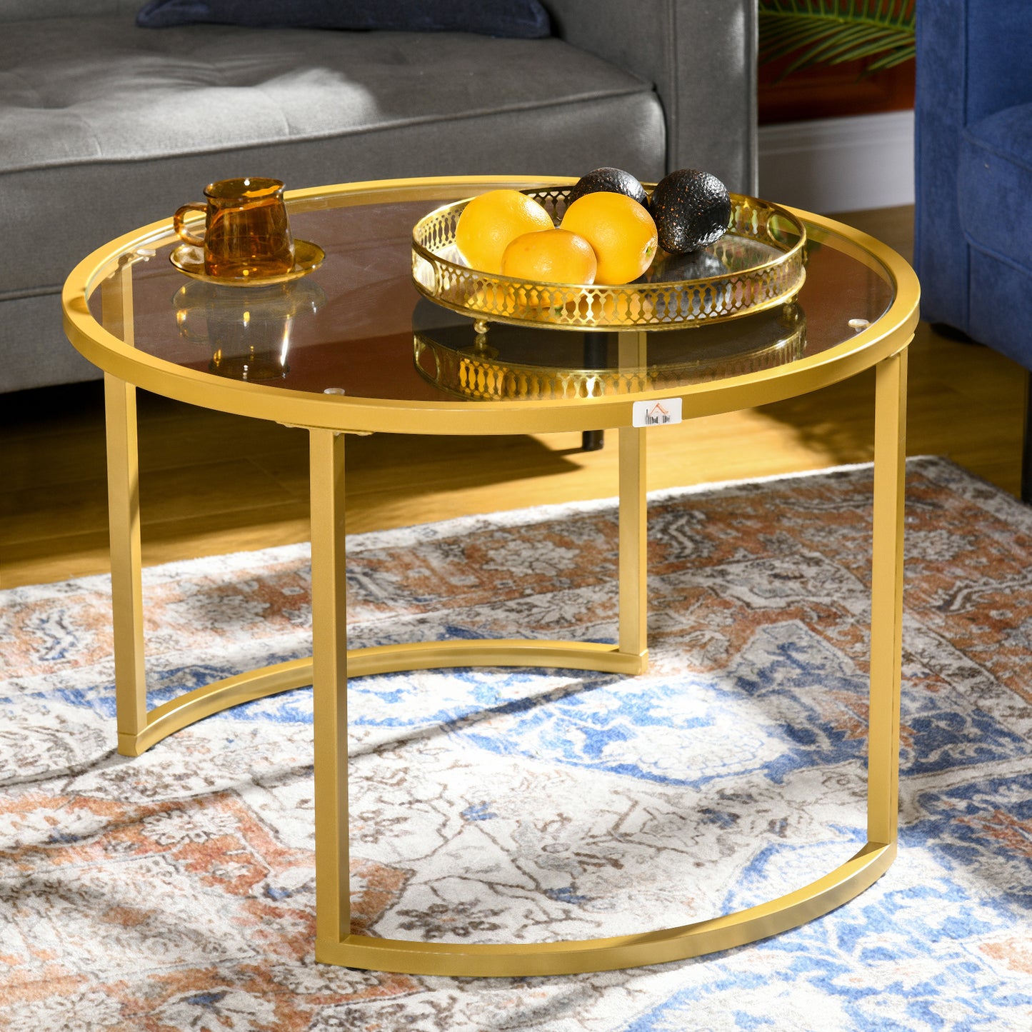 HOMCOM Nest of Tables Coffee Table Set of 2 With Tempered Glass Tops and Gold Tone Steel Frame for Living Room