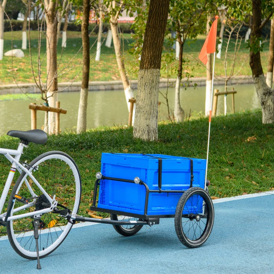 HOMCOM 65L Steel Frame Bike Trailer Storage Box - Blue: Durable Bicycle Cargo Carrier for Convenient Transport
