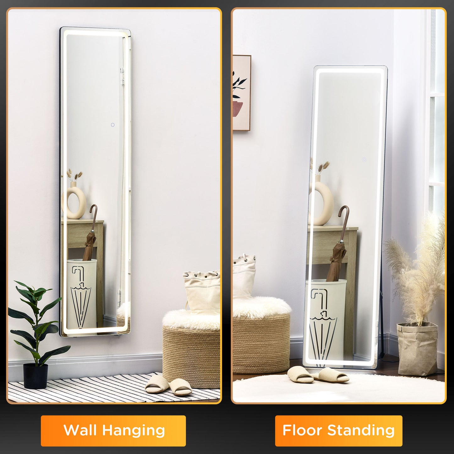 HOMCOM Full Length Mirror 160x40 Cm With LED Lights And Remote Dimmable 3 Color Modes Wall Mounted Or Freestanding Black