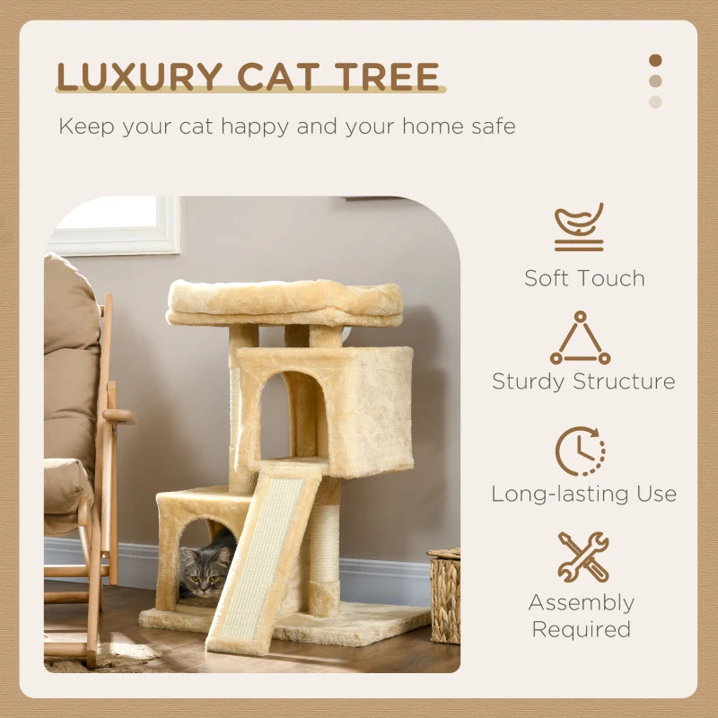 PawHut Sisal Cat Rest & Play Activity Tree with 2 Houses - Cream White | Pet Furniture - ALL4U RETAILER LTD