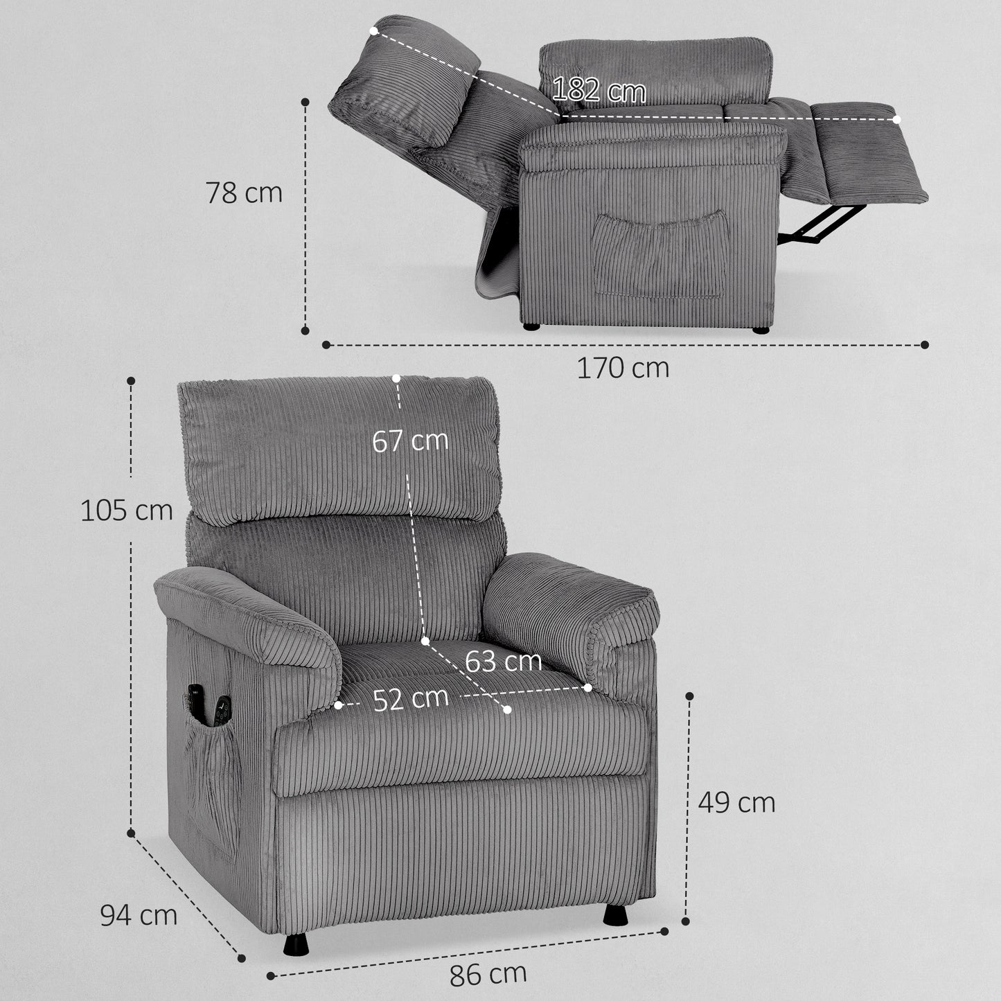 HOMCOM Corduroy Electric Massage Recliner Chair With Heat And Memory Function Grey