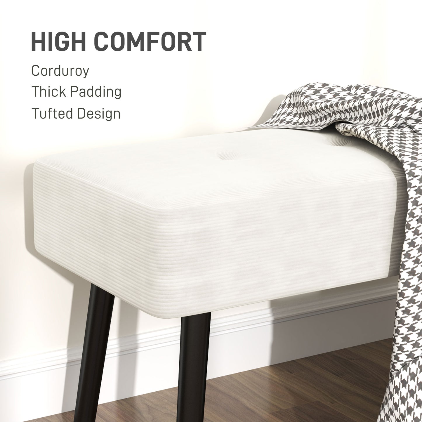 End Of Bed Bench Corduroy Upholstered With Thick Padding And Steel Legs Tufted Window Seat For Entryway Cream White