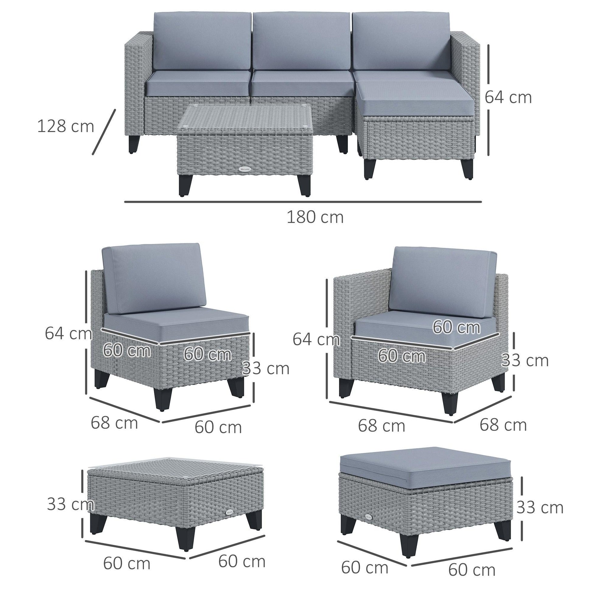 Outsunny 5-Piece Rattan Patio Furniture Set with Corner Sofa, Footstools, Coffee Table, for Poolside, Grey - ALL4U RETAILER LTD