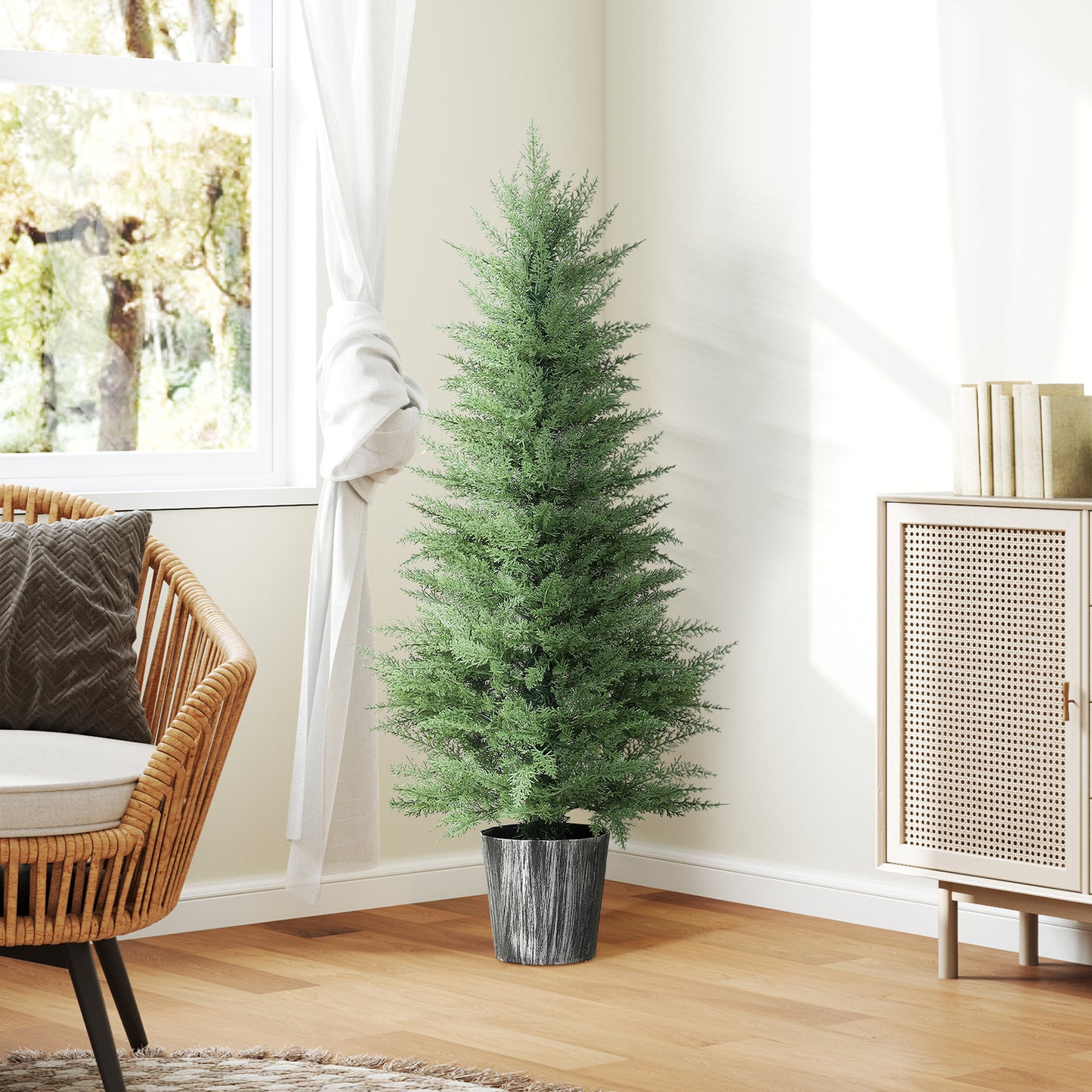 HOMCOM 135cm Artificial Cypress Trees Set Of 2 With Decorative Pots For Indoor Outdoor Decor Green UV Resistant