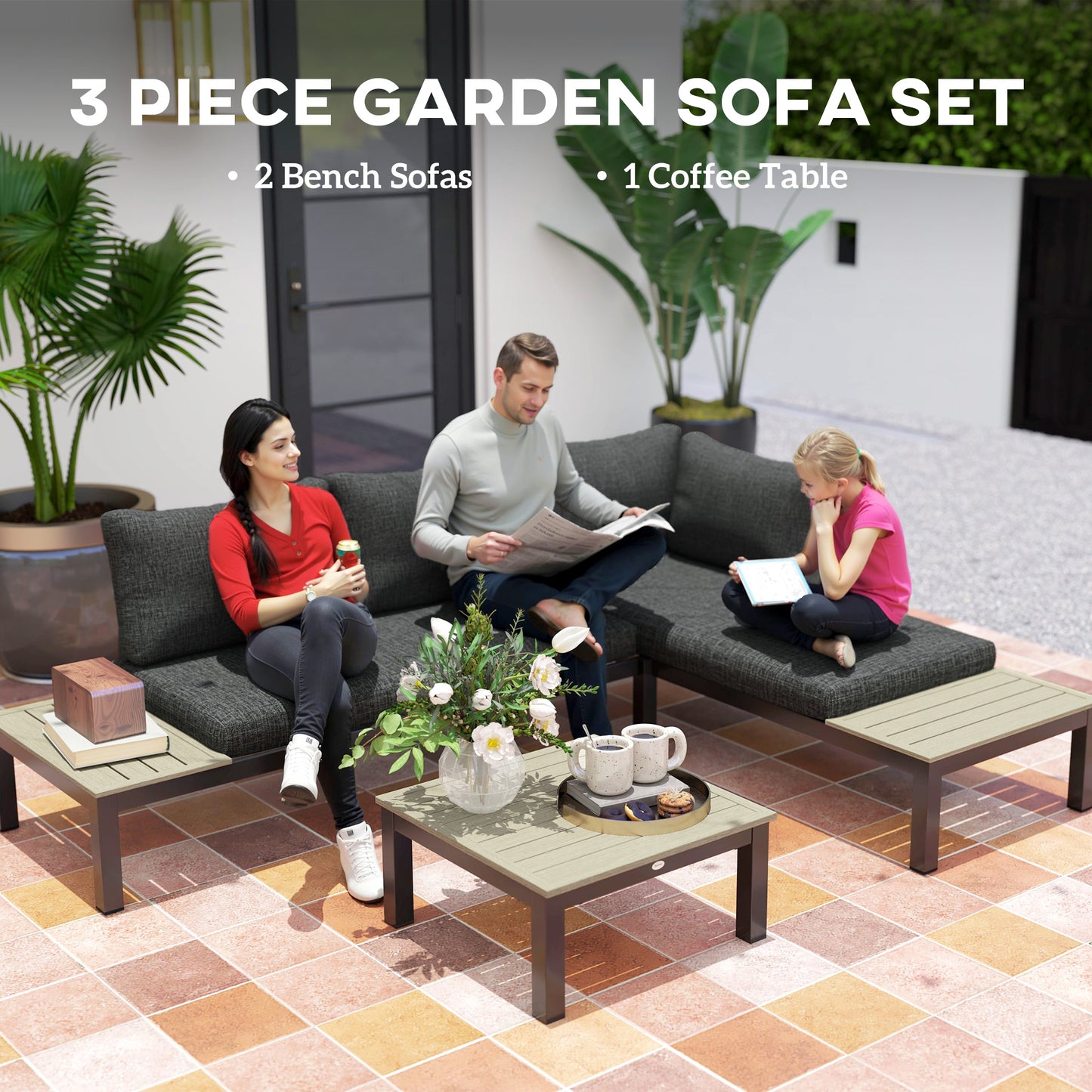 Outsunny 3 Piece Aluminium Outdoor Garden Furniture Set 4 Seater Corner Sofa With 2 Loveseats And Coffee Table
