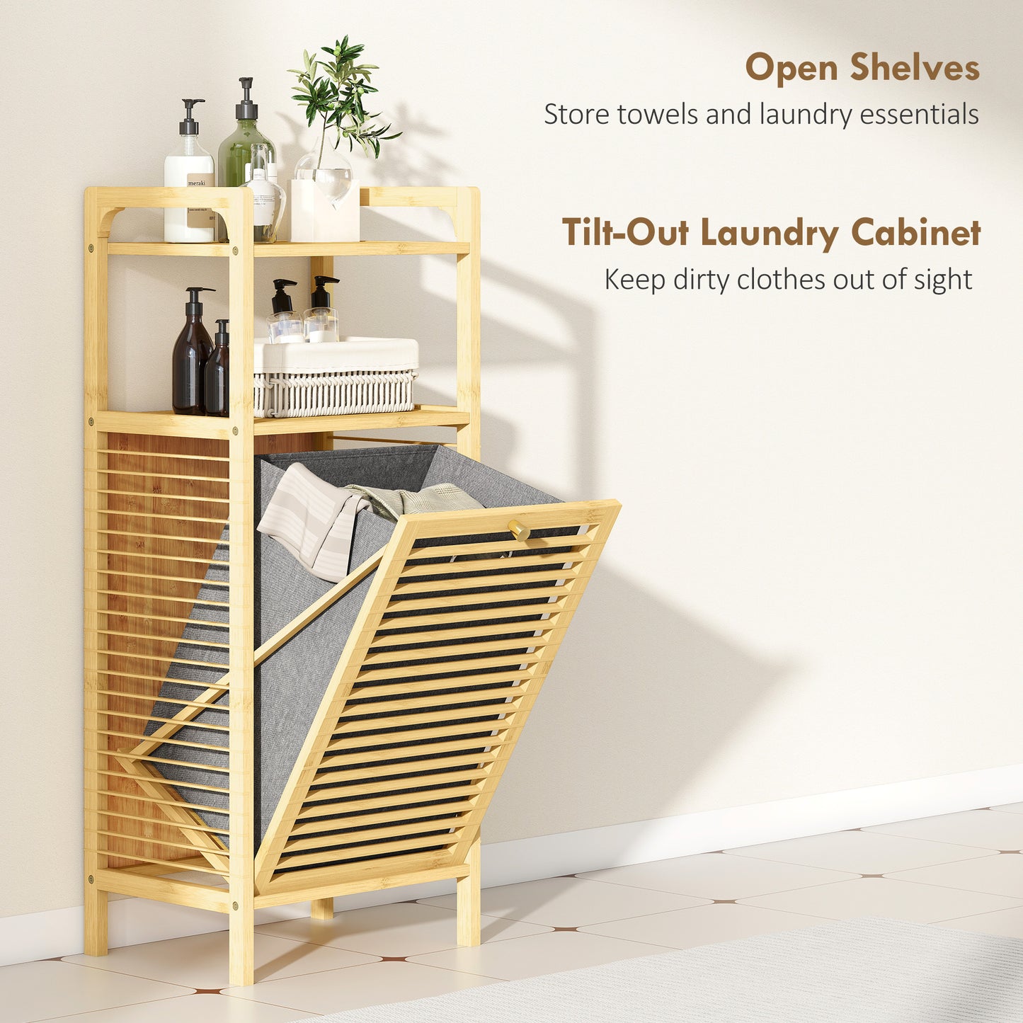 HOMCOM Bamboo Laundry Cabinet With Slatted Door And Tilt Out Hamper Removable Liner Bag Natural Wood Finish 40x30Dx95cm