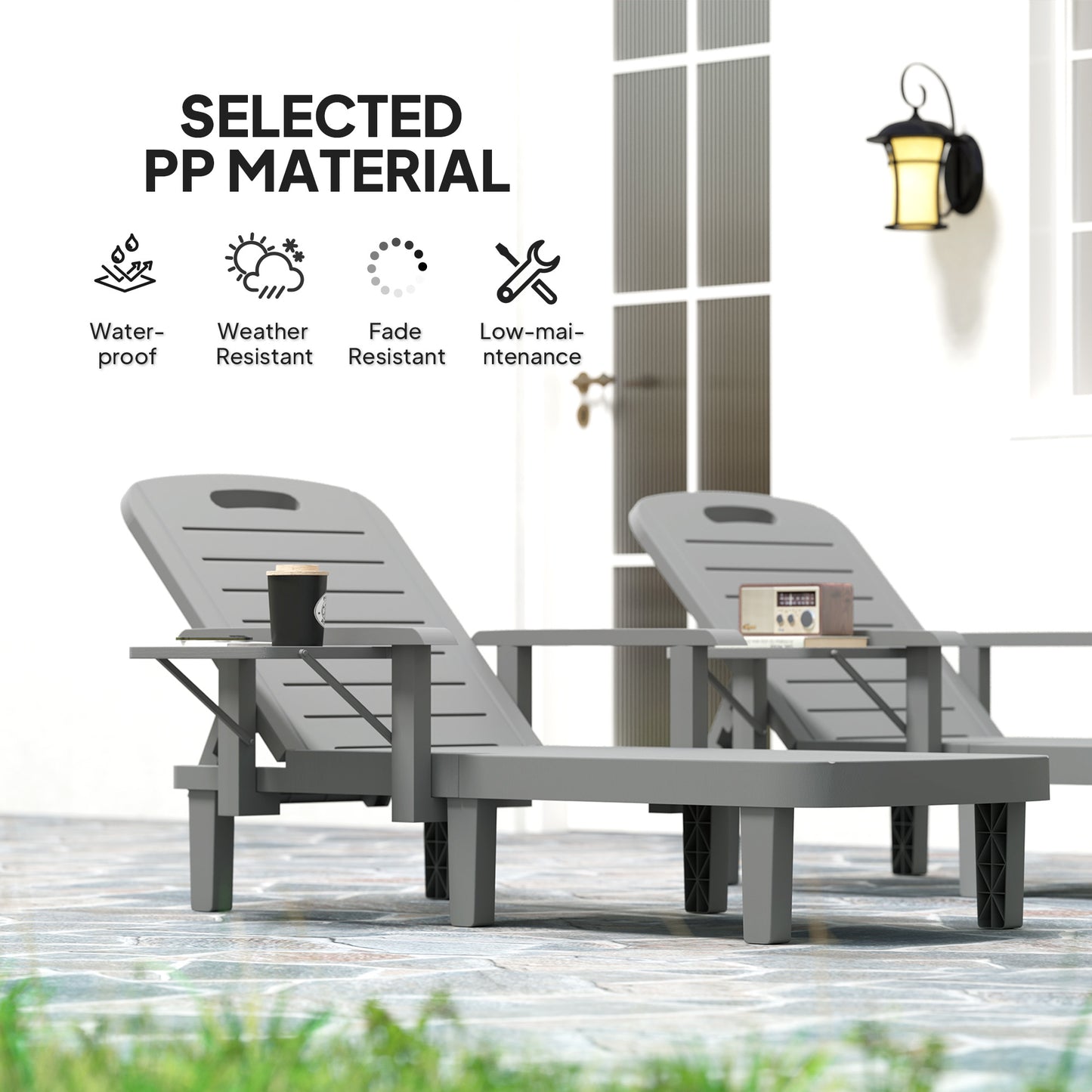 Outsunny 2 Pack Resin Sun Loungers Garden Beach 5 Position Adjustable Wood Grain Surface Foldable Table Dark Grey