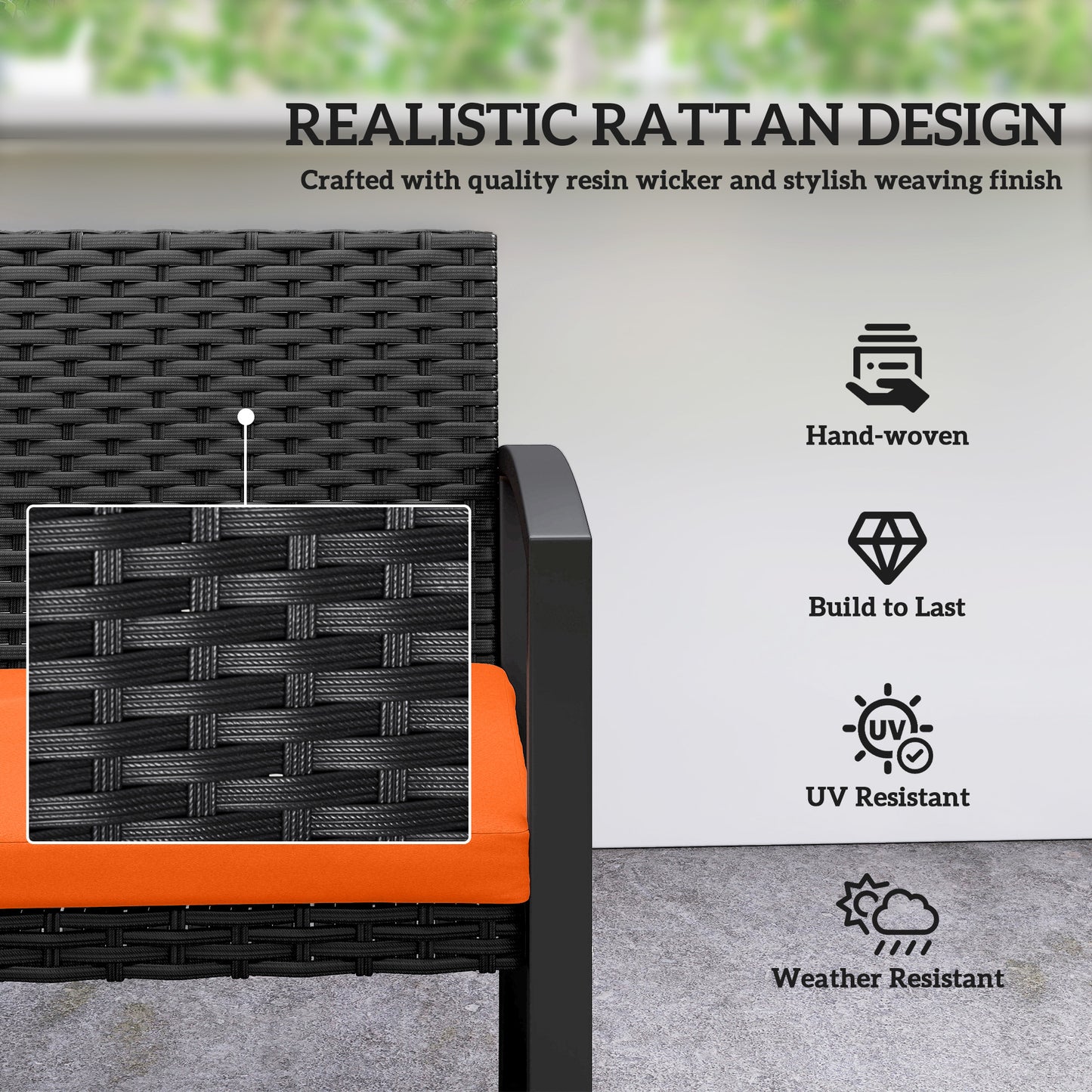 Outsunny Two Seater Rattan Garden Bench With Cushioned Seat Orange Powder Coated Steel Frame