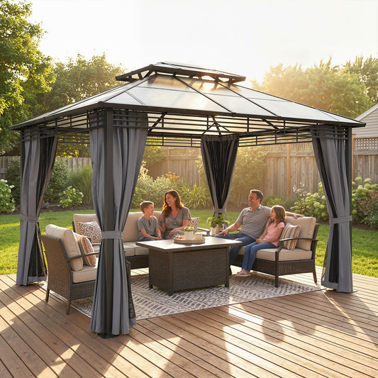 Outsunny 3.6 x 3.0 m Outdoor Hardtop Gazebo With Sides 2 Tier Roof Permanent Pavilion Garden Metal Dark Grey