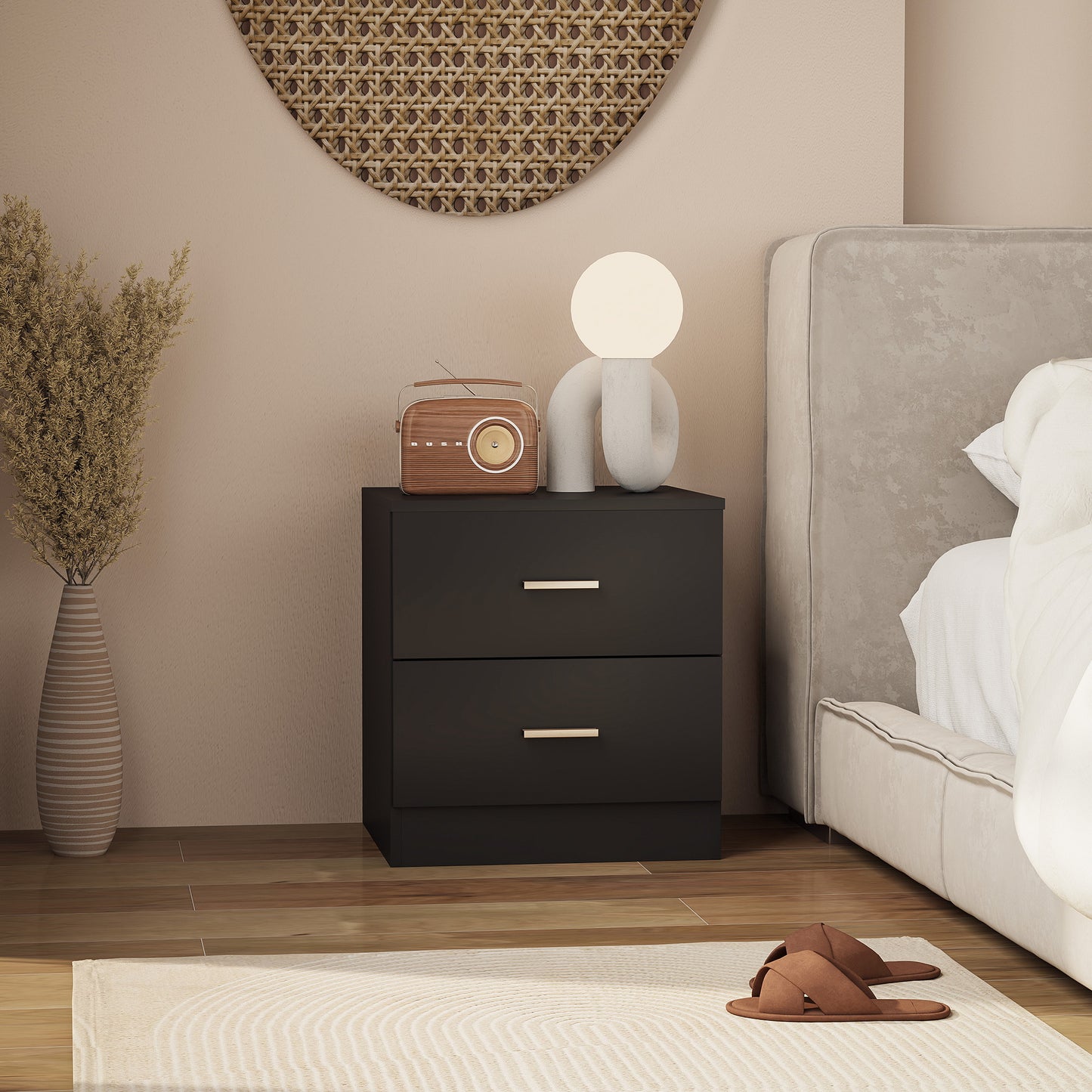 HOMCOM Modern Bedside Table With Two Drawers Black For Bedroom And Living Room Ideal Nightstand
