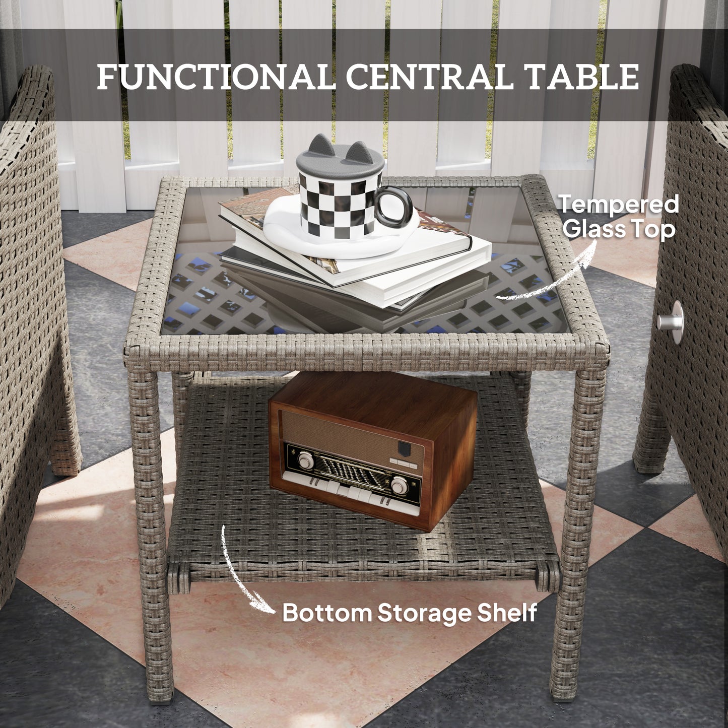 Outsunny 5 Piece Rattan Garden Furniture Set With 2 Armchairs 2 Footstools And Glass Top Coffee Table In Dark Grey