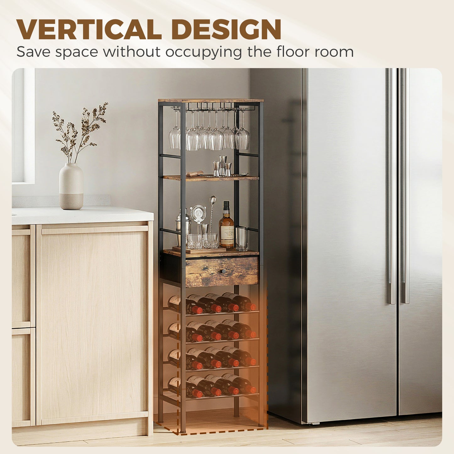 HOMCOM Industrial Wine Bar Cabinet Freestanding Liquor Cabinet Featuring 16 Bottle Wine Rack Glass Holder Rustic Brown