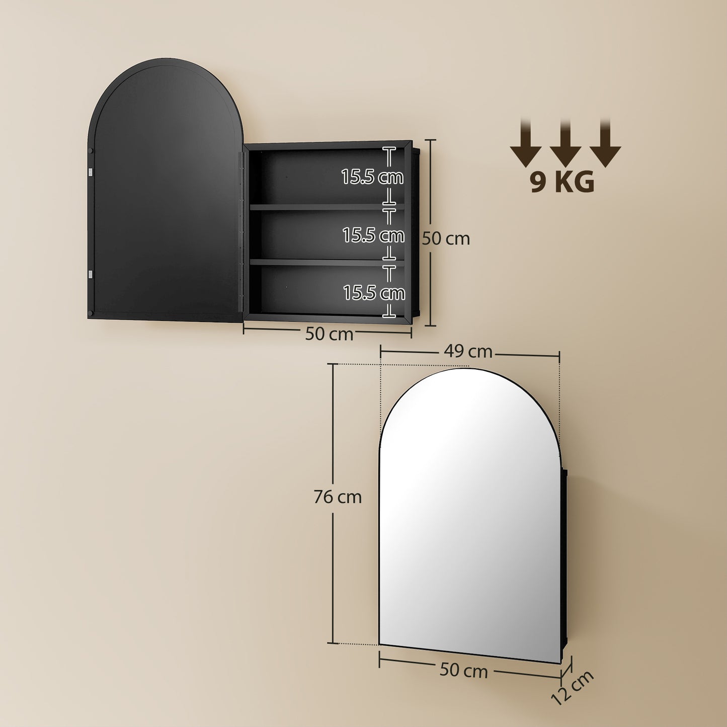 HOMCOM Arched Wall Mounted Bathroom Mirror Cabinet With Storage Shelves Black Finish Fully Assembled