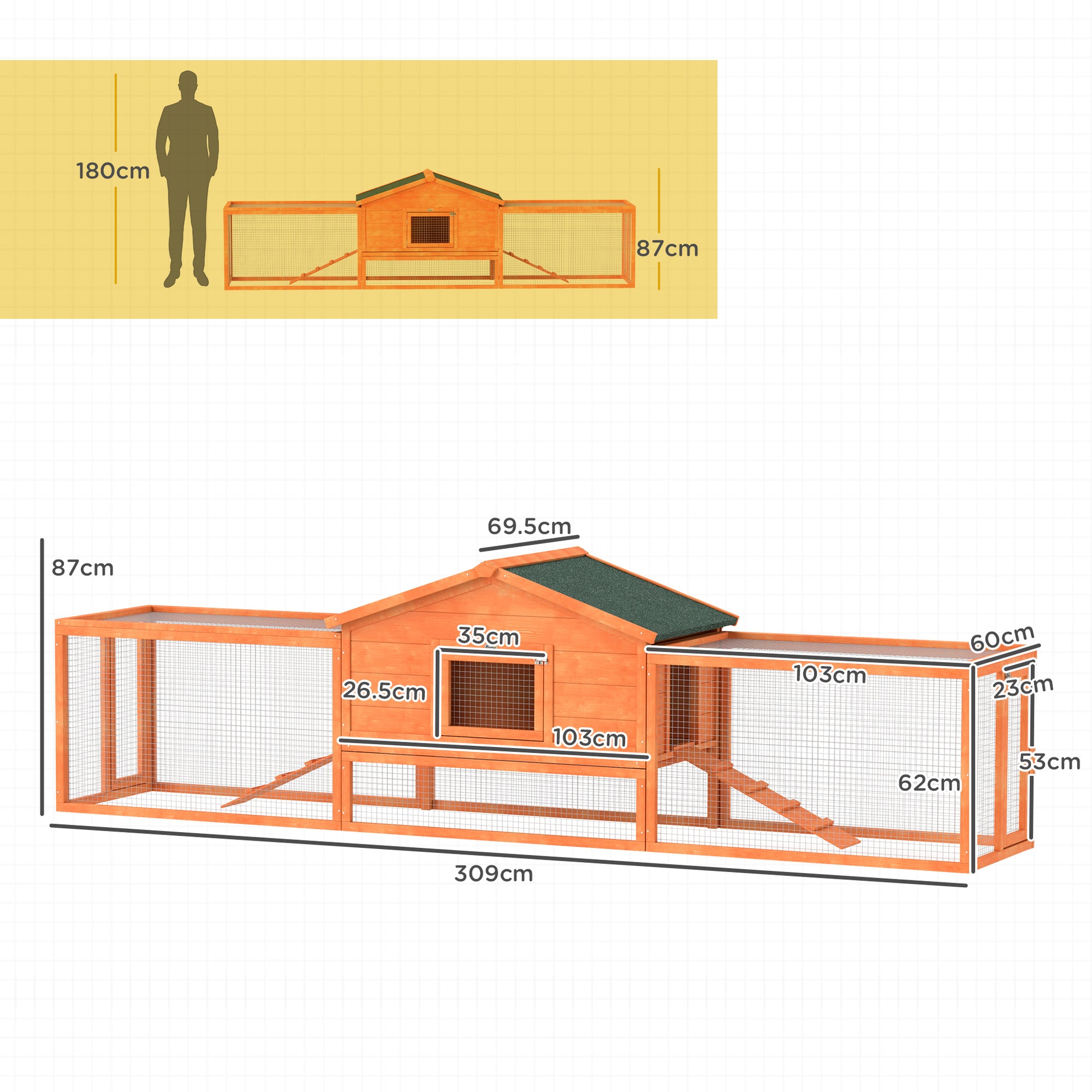 PawHut Wooden Rabbit Hutch with Enclosed Run, Easy-Clean Tray, Weatherproof Roof, 309 x 70 x 87cm, Vibrant Orange - ALL4U RETAILER LTD