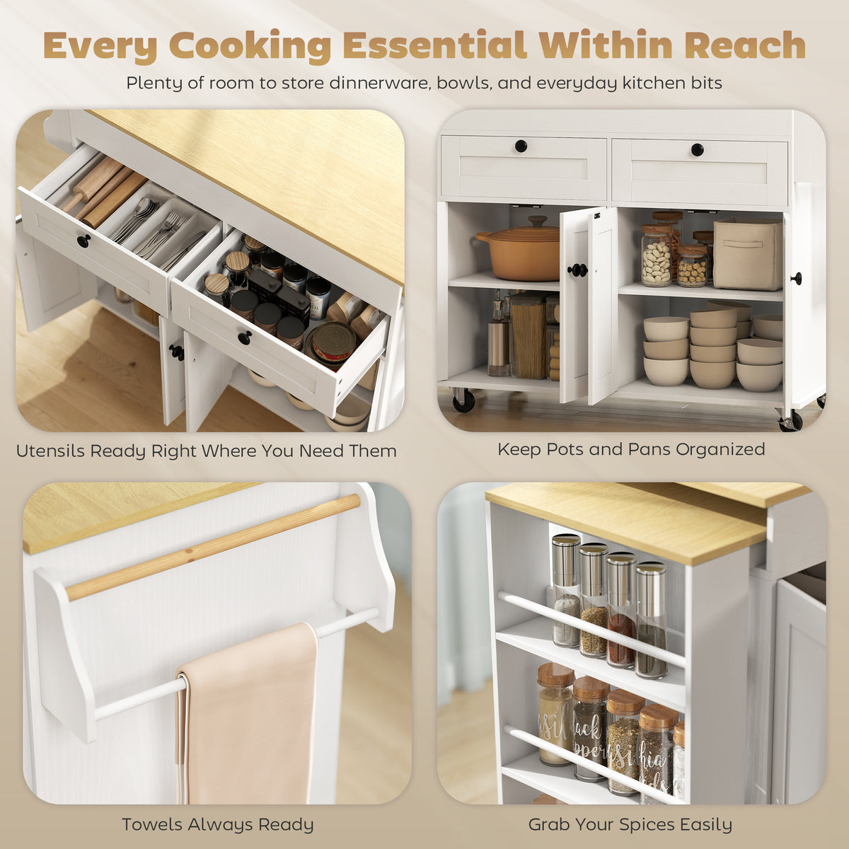 Kitchen island with pull-out drawers and organized shelves, white base and light wood top.