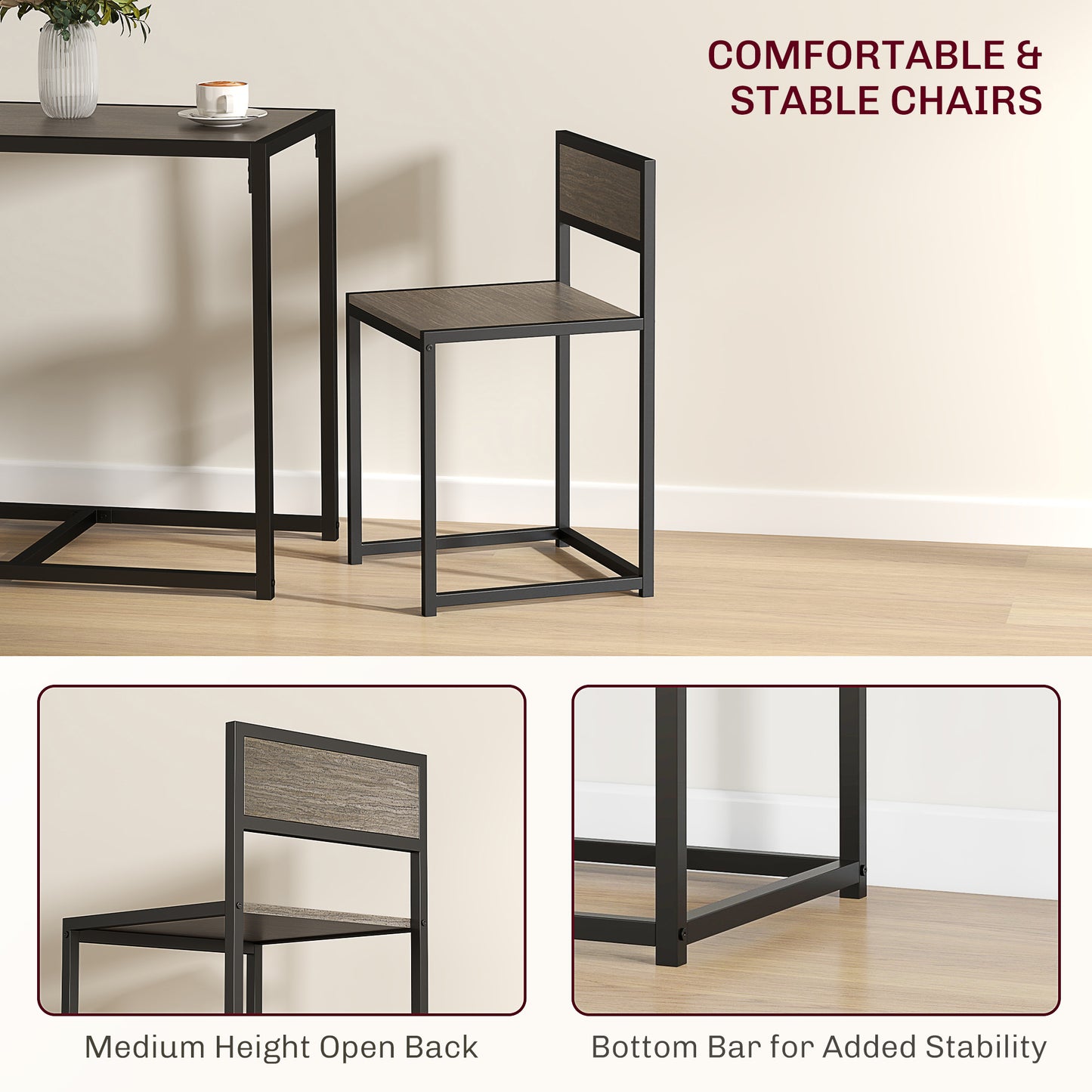 HOMCOM Dining Table And Chairs Set 2 Piece Space Saving Rectangular Table With 2 Chairs Steel Frame Grey Wood Effect