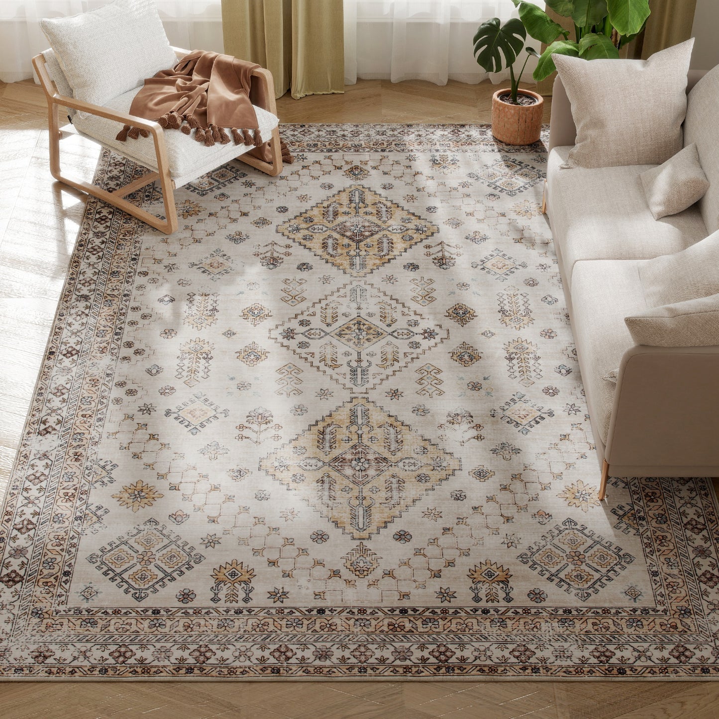 HOMCOM Vintage Area Rug 290 x 200 cm Beige Non Slip Washable Flannel Floor Carpet for Living Room