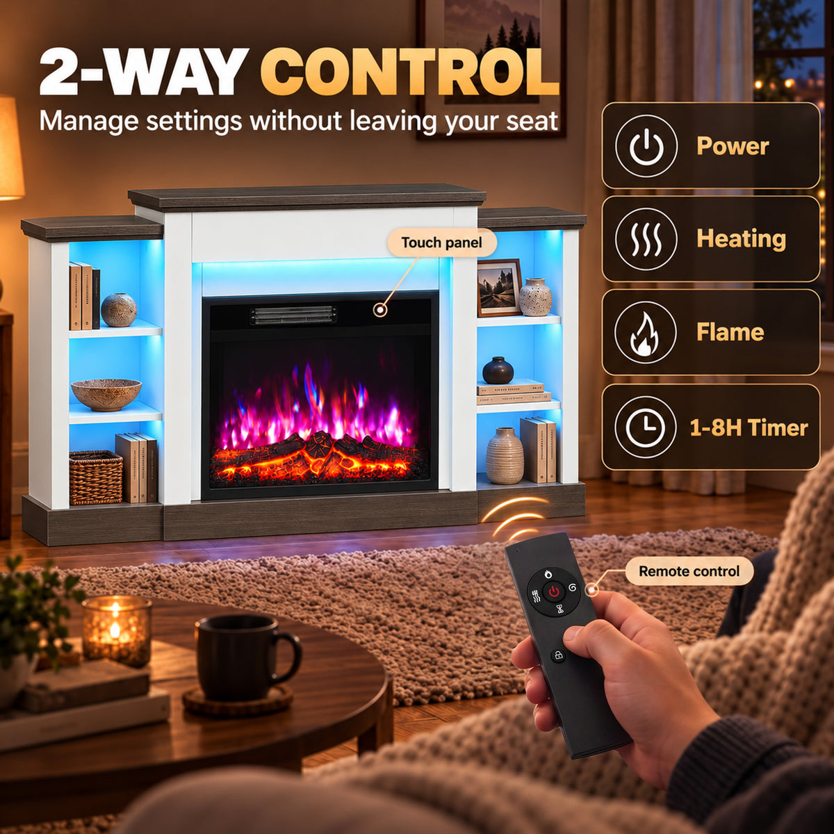 Electric fireplace TV stand with touch panel and remote control, RGB LED shelves, firebox