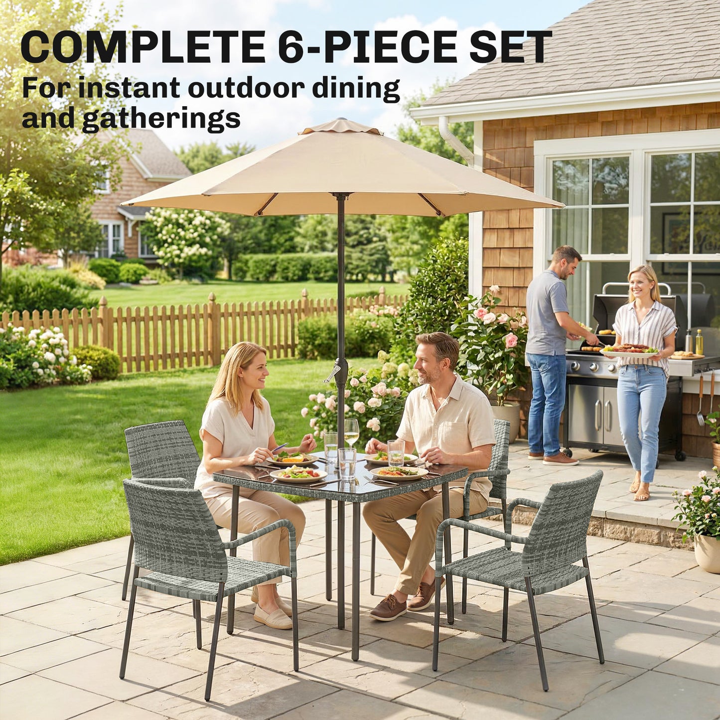 Outsunny 6 Piece Rattan Outdoor Dining Set With Parasol Tempered Glass Tabletop And Stackable Chairs