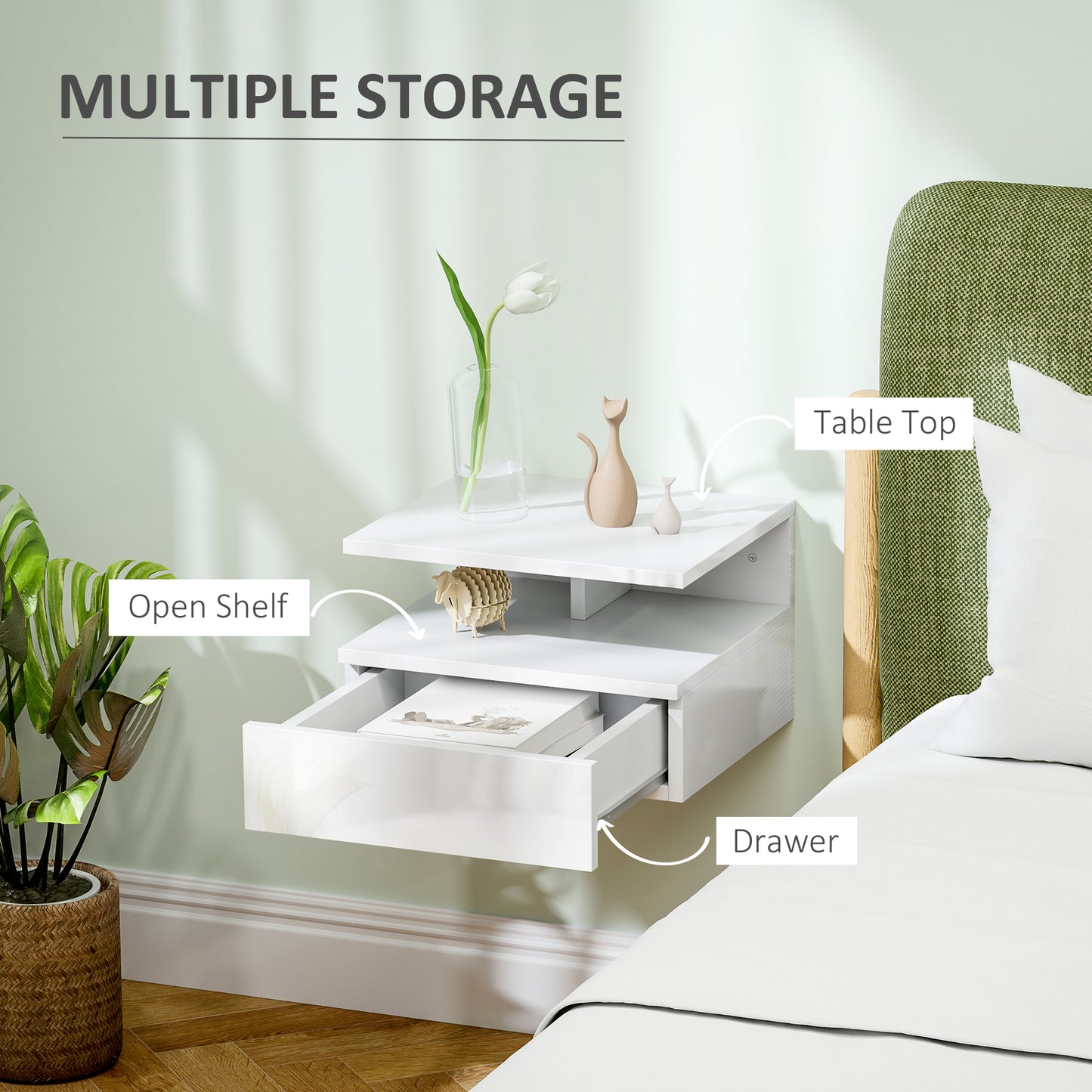 HOMCOM Floating High Gloss White Bedside Table With Pull Out Drawer And Open Shelf Wall Mounted Nightstand
