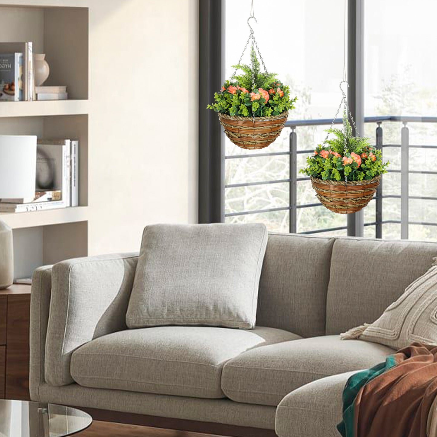 Outsunny Set Of Two Hanging Lisianthus Artificial Flower Pots In Yellow And Green