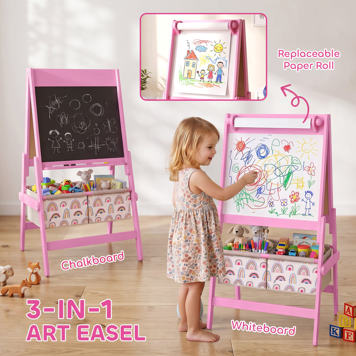 Pink 3-in-1 kids art easel with chalkboard and whiteboard paper roll