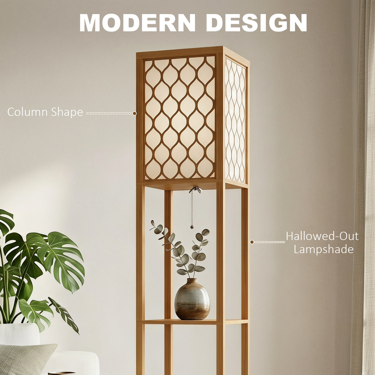 Tall wooden floor lamp with column design, lattice shades, and display shelf