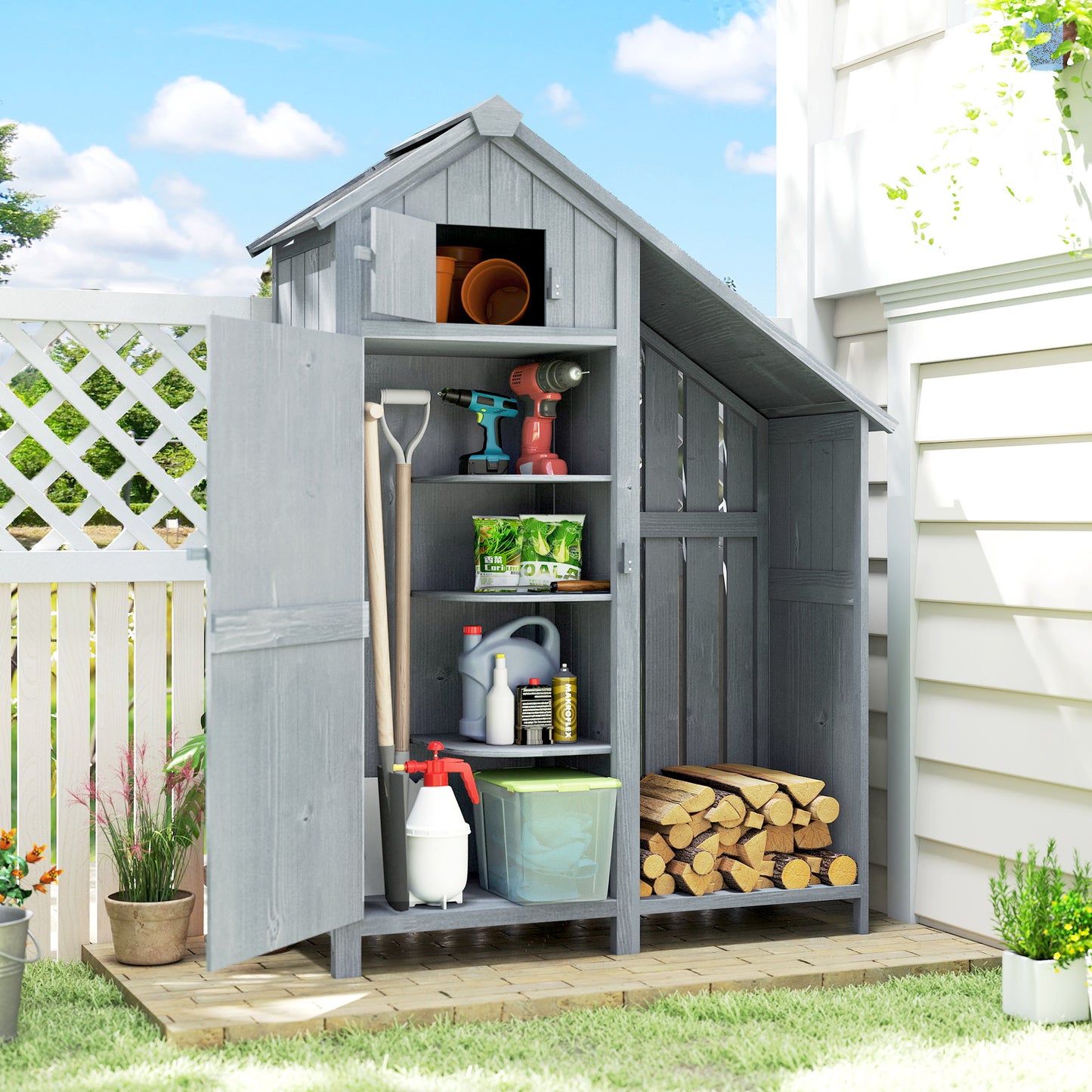 Outsunny Garden Outdoor Storage Shed With Three Shelves Tilt Roof Firewood Rack Log Carrier 129L x 51.5W x 180H cm