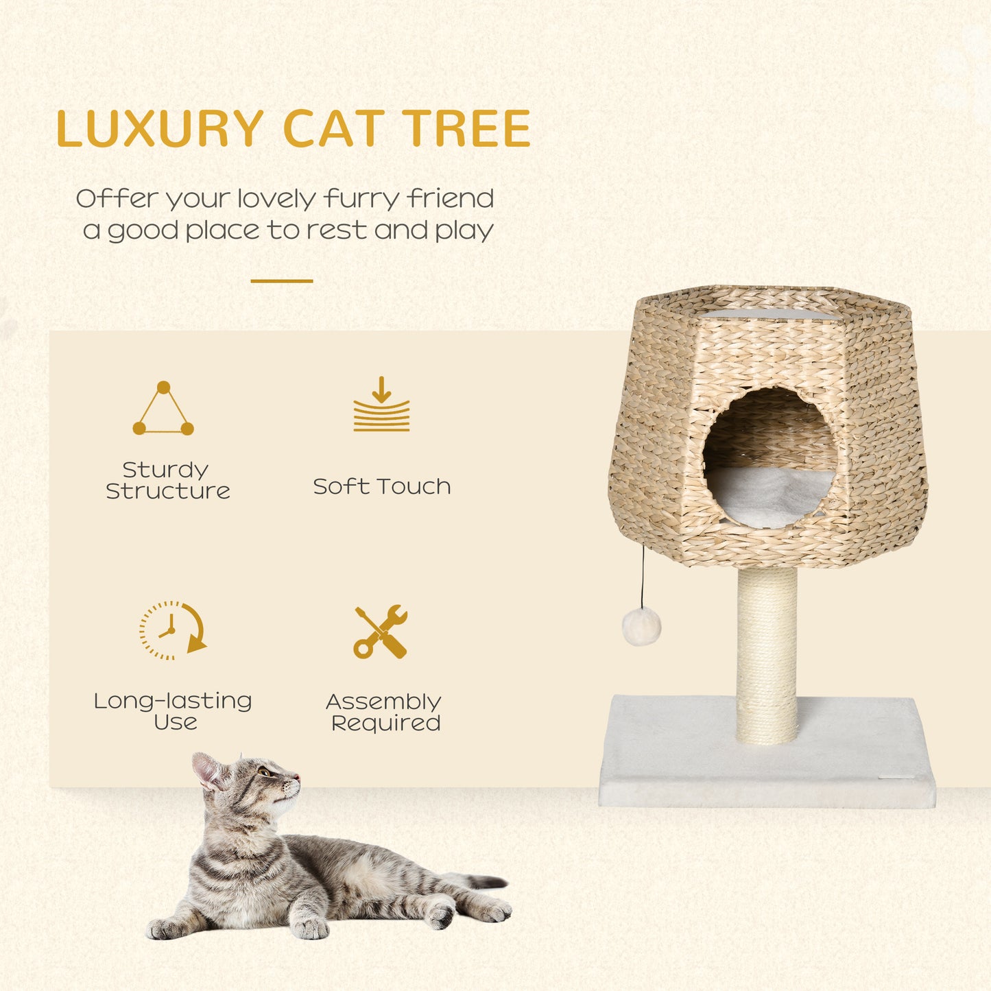 PawHut Multi-Level Cat Activity Center with Plush Bed and Scratching Post - Natural 45x45x66cm - ALL4U RETAILER LTD