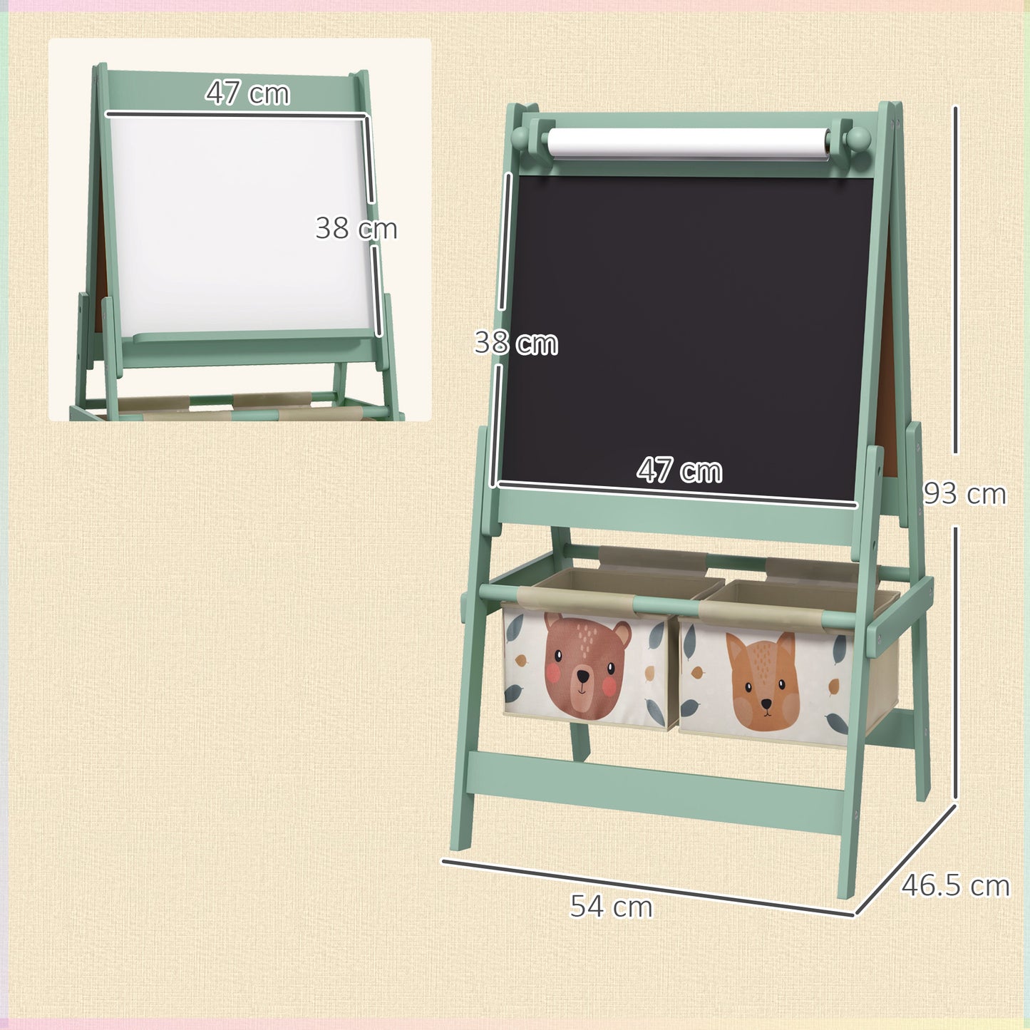 AIYAPLAY Three In One Kids Easel With Paper Roll Blackboard And Whiteboard Storage Green