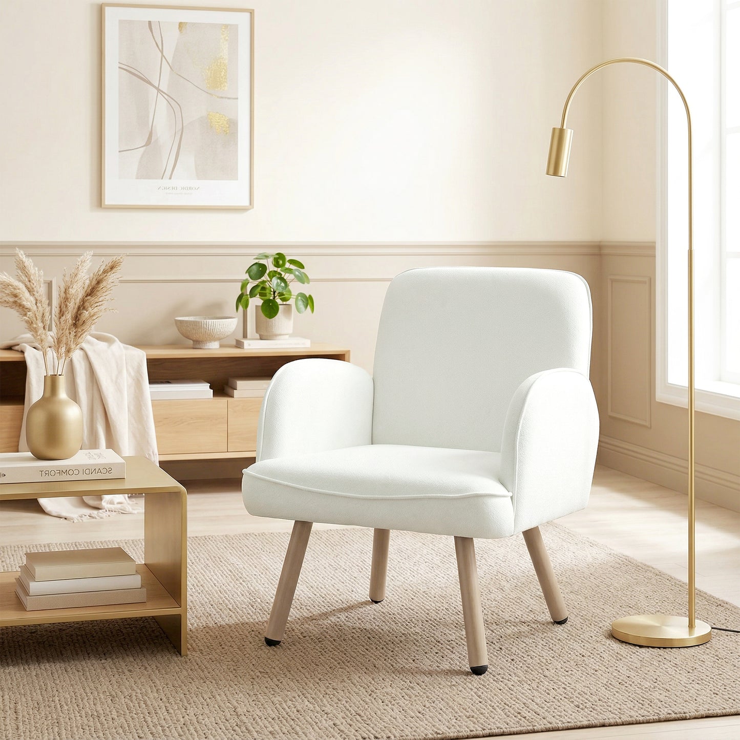HOMCOM Velvet Upholstered Lounge Chair With Spring Cushion Cream White For Living Room And Bedroom