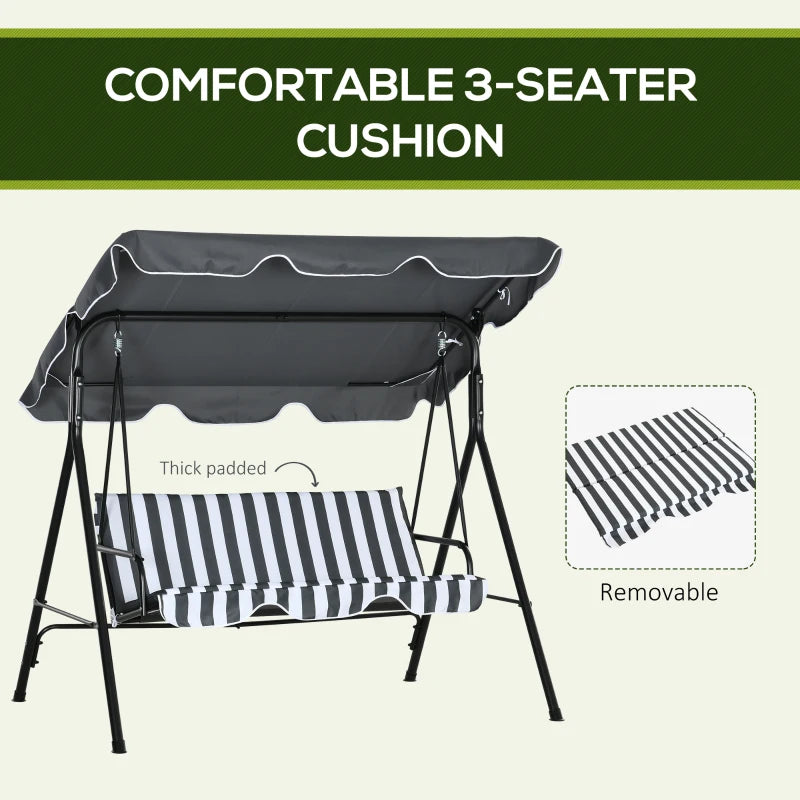 Outsunny Three-Seater Garden Swing Chair with Adjustable Canopy - Grey Stripe | Outdoor Patio Swing Bench for Relaxation - ALL4U RETAILER LTD