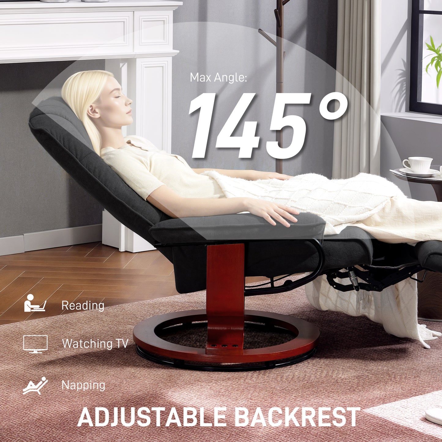 HOMCOM Reclining Swivel Chair With Manual Footrest Black Padded Armchair For Living Room