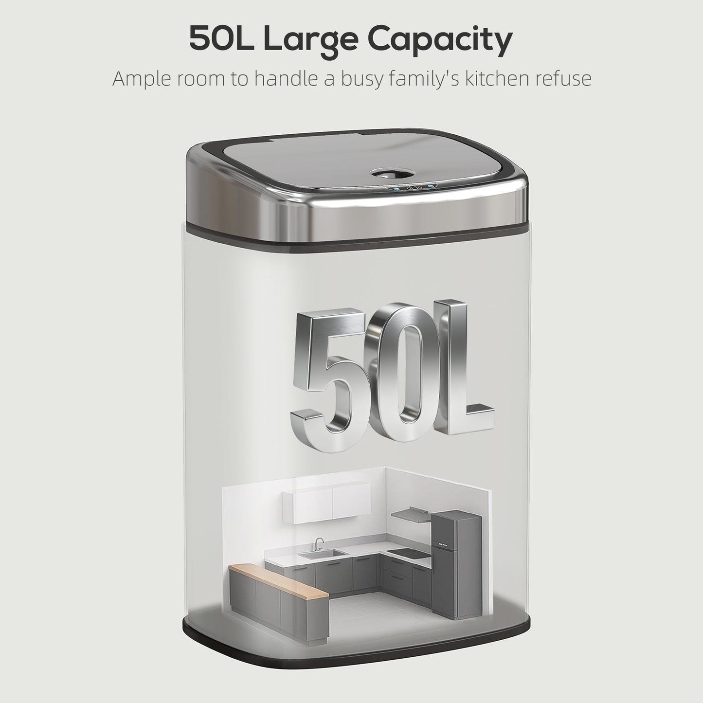 HOMCOM 50L Stainless Steel Sensor Bin Hands Free Lid Silver Tone Smart Kitchen Bin