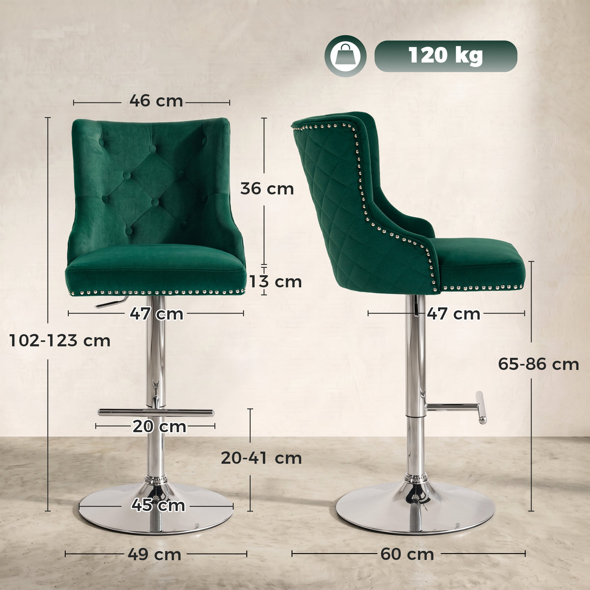 Green velvet swivel bar stool with quilted back, nailhead trim, and chrome footrest base