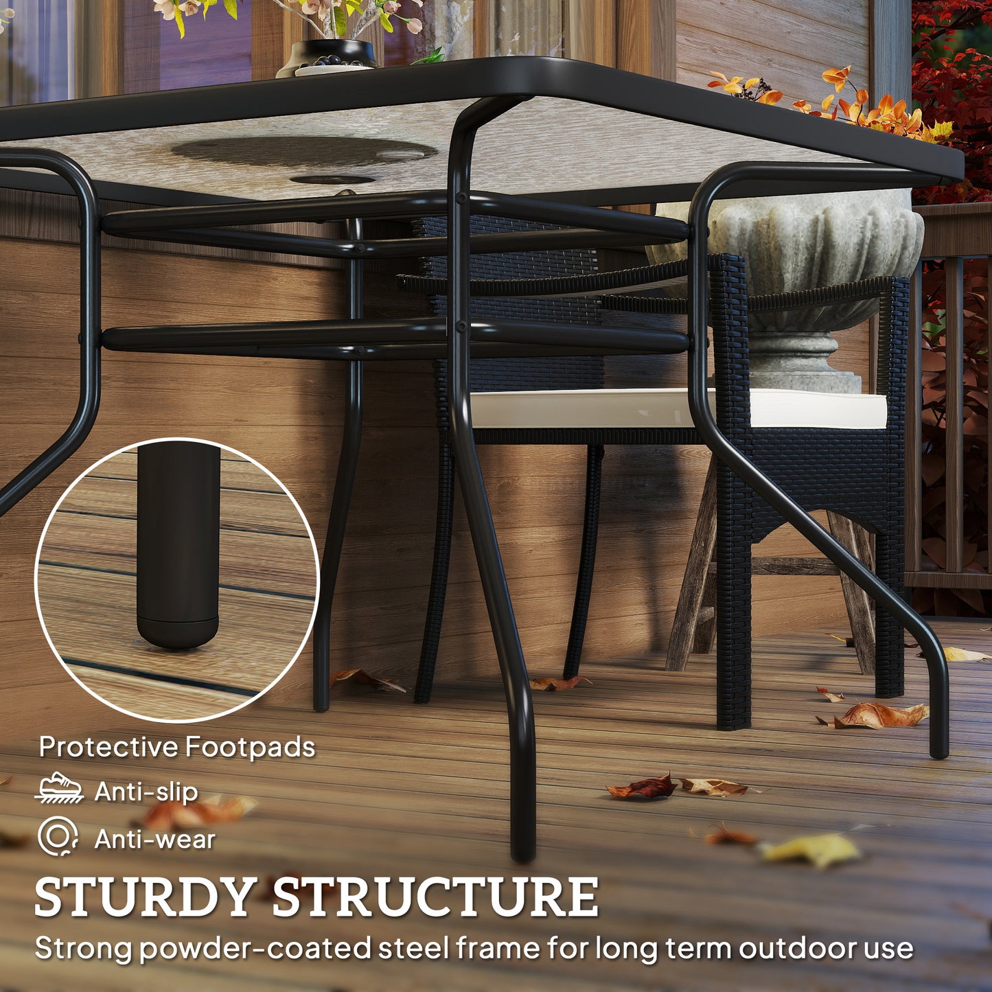 Outsunny Square Garden Dining Table With Tempered Glass Top And Umbrella Hole 100 X 100 Cm