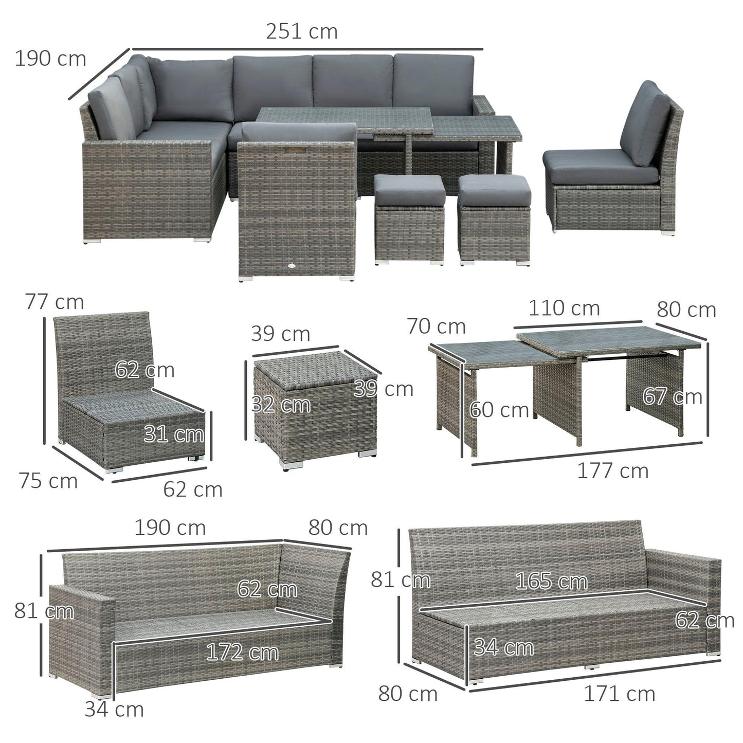 Outsunny 10-Seater Sofa Sectional W/ Cushioned Seat, Footstools and Glass Table - ALL4U RETAILER LTD