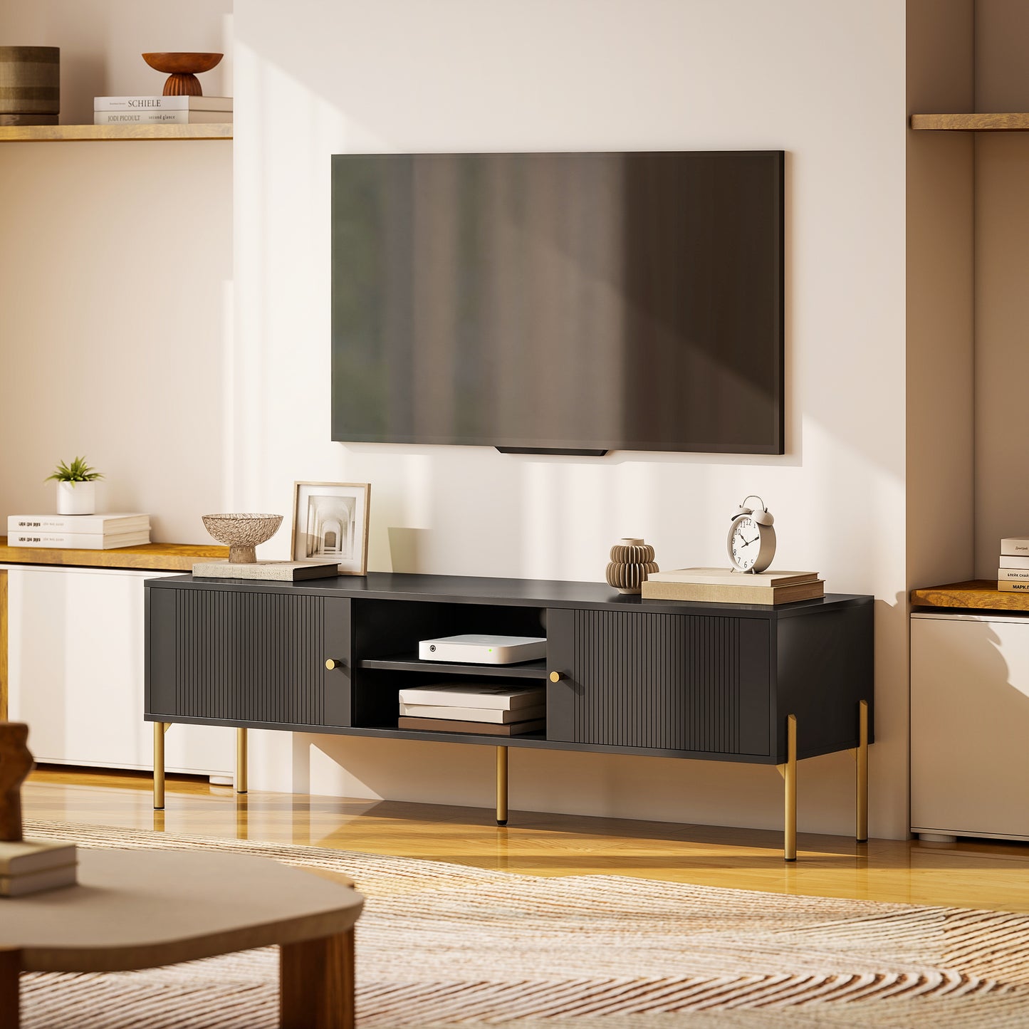 HOMCOM TV Stand for 65 Inch TVs Entertainment Center With Two Open Shelves And Two Cabinets Steel Legs Black