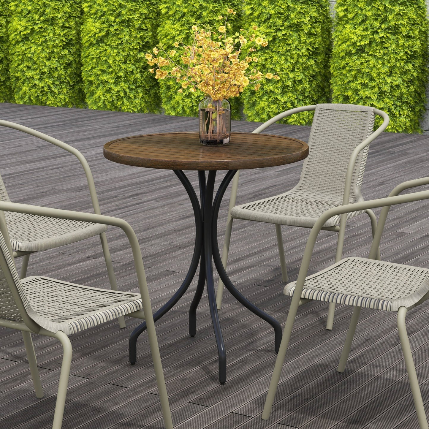 Outsunny 66cm Galvanised Steel Round Garden Table Brown With Slatted Top Outdoor Patio Furniture