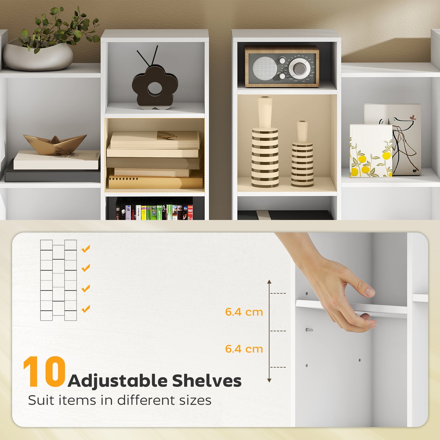 HOMCOM 21 Compartment Tall Bookshelf White With Adjustable Shelves For Living Room Storage