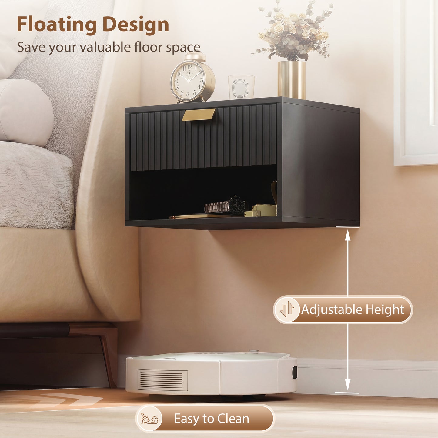 HOMCOM Set Of 2 Wall Mounted Nightstands Floating Bedside Tables With Fluted Drawers Open Shelf For Small Bedroom Black