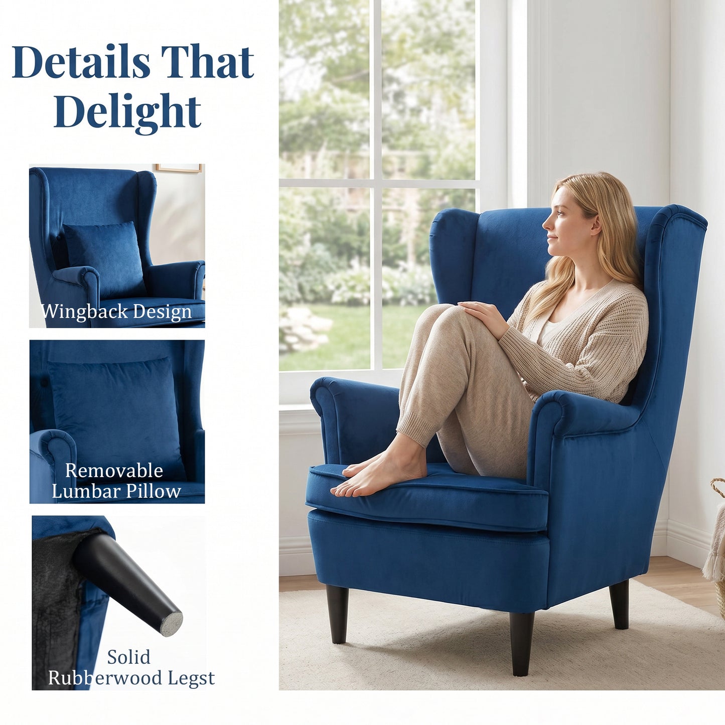 HOMCOM Velvet Wingback Reading Chair with High Backrest and Removable Pillow Cover Blue