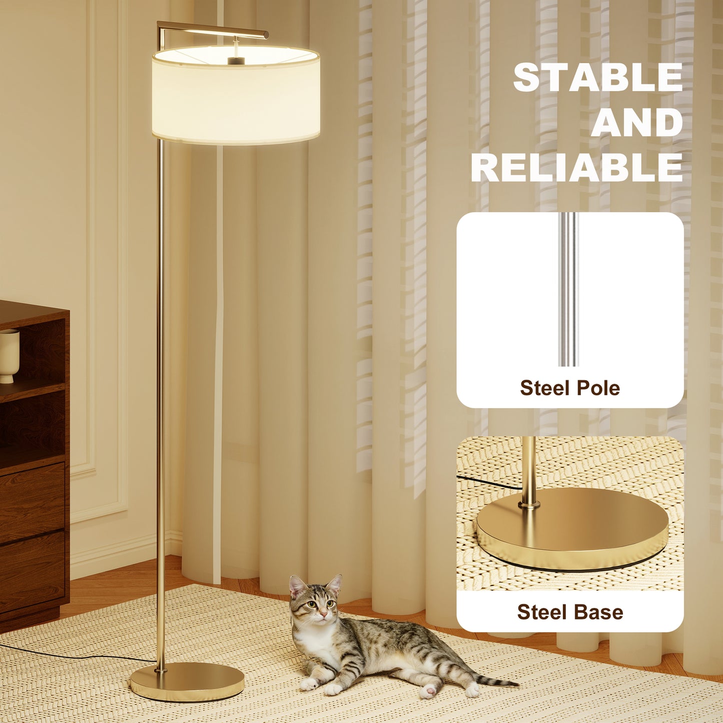 HOMCOM Floor Lamp Modern Standing Lamp With Linen Lampshade 153cm Silver Tone For Living Room Bedroom Dining Room