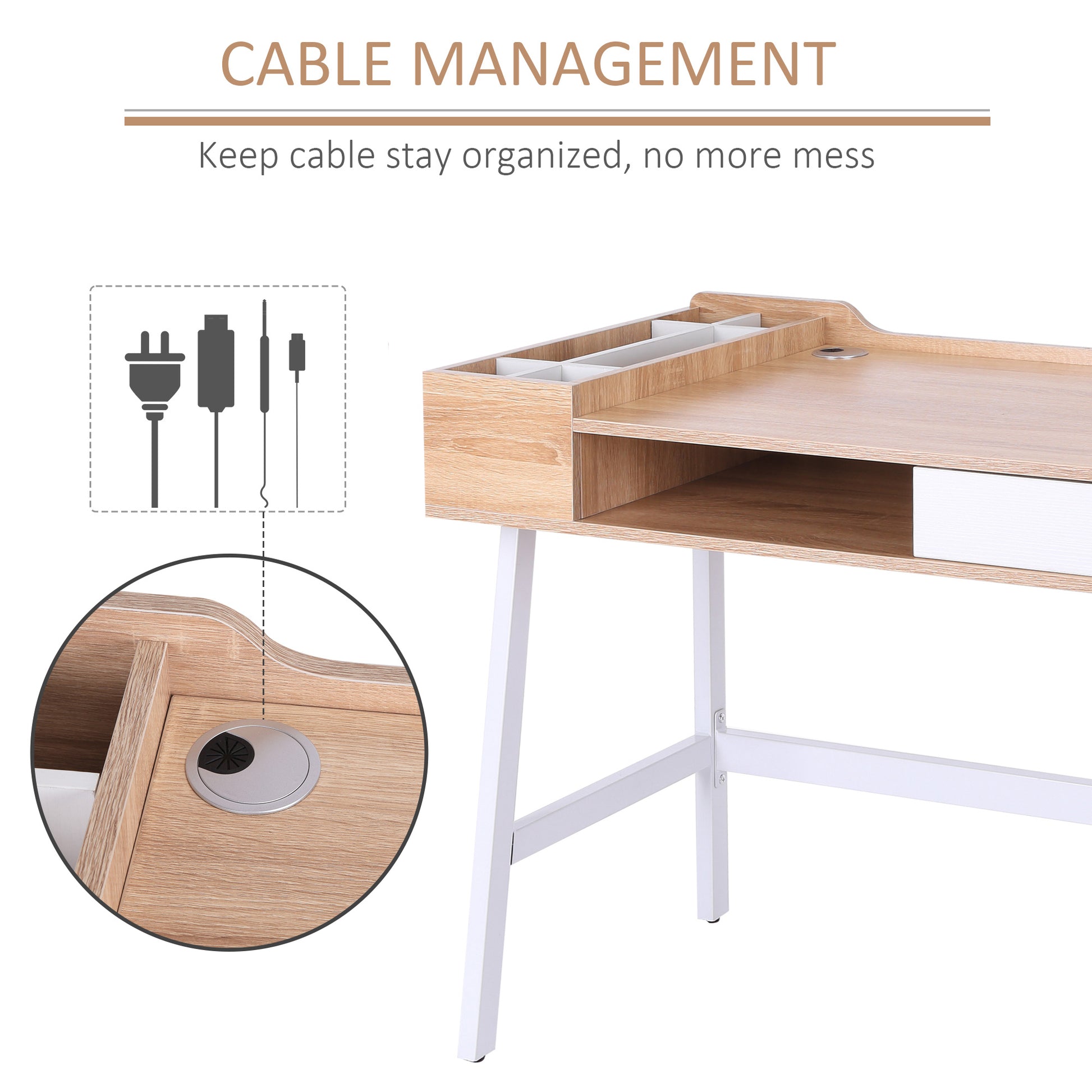 HOMCOM Contemporary Oak and White Computer Desk with Drawer and Storage Compartment - ALL4U RETAILER LTD