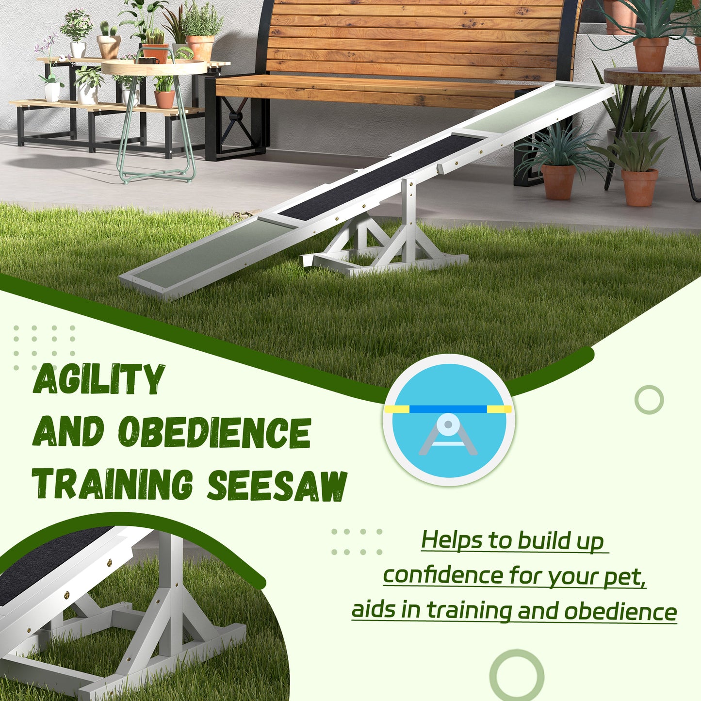 PawHut Agility Seesaw for Large Dogs - Durable Wooden Dog Training Equipment with Non-Slip Surface - White - ALL4U RETAILER LTD