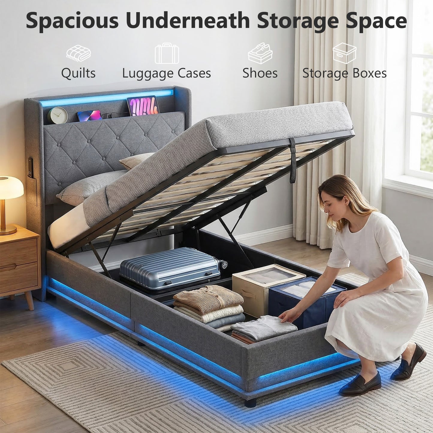 HOMCOM 3ft Single Bed Frame With Headboard And Hydraulic Storage RGB LED Lights And Charging Station Grey