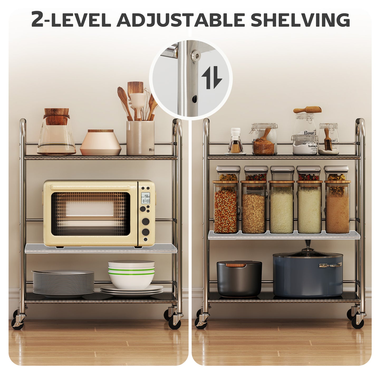 HOMCOM 3 Tier Stainless Steel Kitchen Storage Trolley With Adjustable Middle Shelf Silver Finish