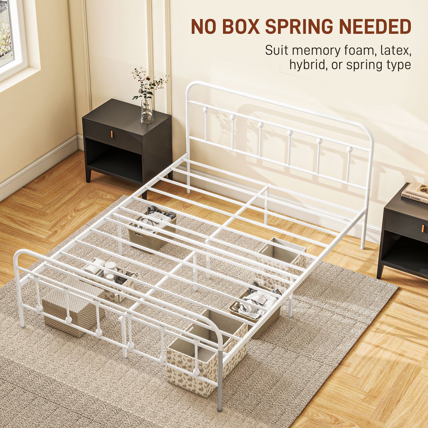 HOMCOM 4ft Minimalist Double Bed Frame with Storage and High Headboard - White Steel Slat Design, No Box Spring Needed, Easy Assembly - ALL4U RETAILER LTD