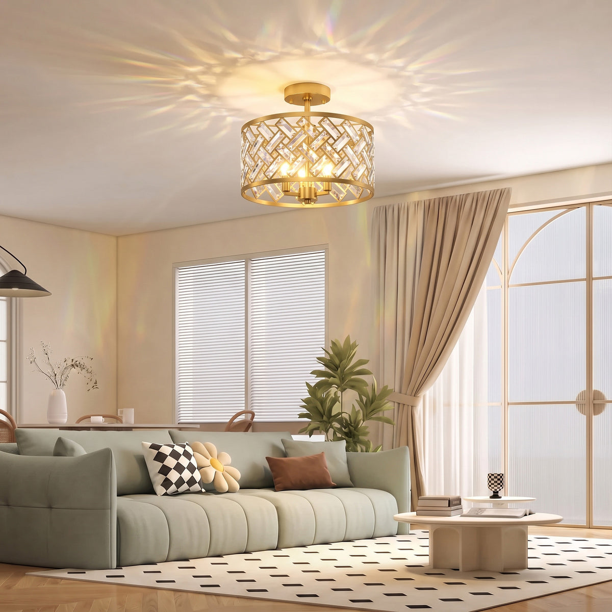 HOMCOM 3 Light Crystal Glass Ceiling Light with Gold Tone E14 Sockets